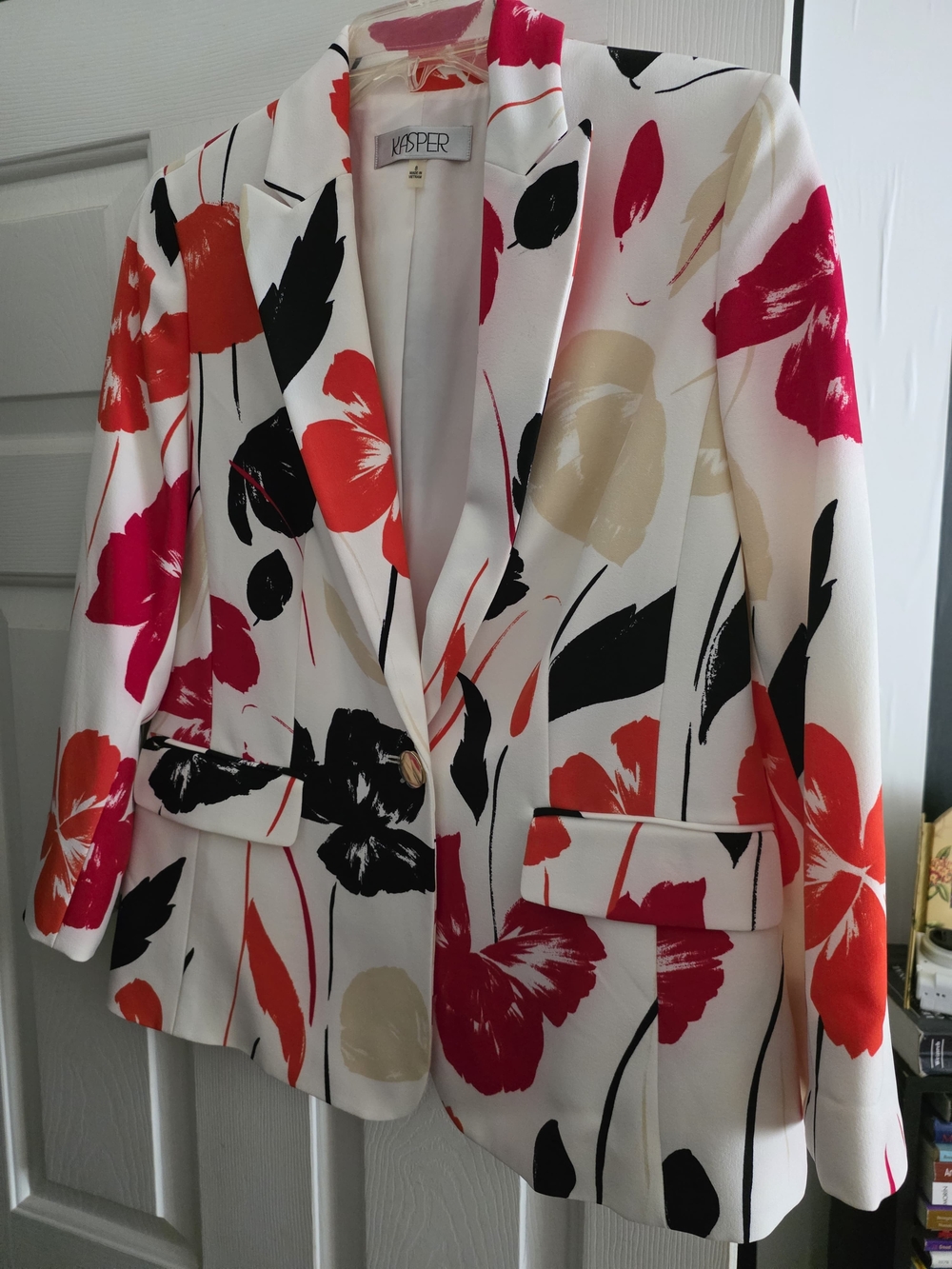 New Kasper White Floral Blazer with Red, Black & Cream Accents
